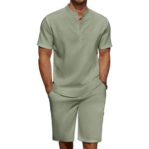 image:imageCOOFANDY Mens 2 Pieces Linen Set Casual Henley Shirts Short Sleeve Beach Yoga Shorts Summer Pants OutfitsLight Green