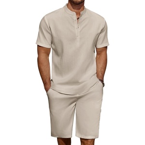 image:imageCOOFANDY Mens 2 Pieces Linen Set Casual Henley Shirts Short Sleeve Beach Yoga Shorts Summer Pants OutfitsLight Khaki