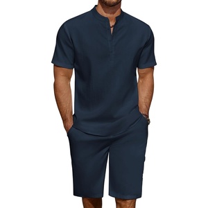 image:imageCOOFANDY Mens 2 Pieces Linen Set Casual Henley Shirts Short Sleeve Beach Yoga Shorts Summer Pants OutfitsNavy Blue