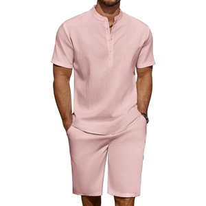 image:imageCOOFANDY Mens 2 Pieces Linen Set Casual Henley Shirts Short Sleeve Beach Yoga Shorts Summer Pants OutfitsPink