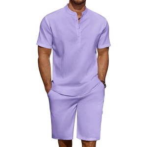 image:imageCOOFANDY Mens 2 Pieces Linen Set Casual Henley Shirts Short Sleeve Beach Yoga Shorts Summer Pants OutfitsPurple