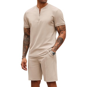 image:imageCOOFANDY Mens 2 Pieces Outfits Casual Quarter Zip Polo T Shirt and Shorts Set Athletic Jogging Summer TracksuitLight Khaki