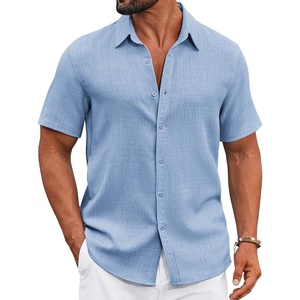 image:imageCOOFANDY Mens Casual Button Down Shirts Short Sleeve Textured Summer Beach ShirtClear Blue