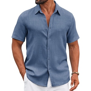 image:imageCOOFANDY Mens Casual Button Down Shirts Short Sleeve Textured Summer Beach ShirtDenim Blue