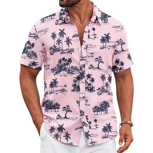 image:imageCOOFANDY Mens Casual Button Down Shirts Short Sleeve Textured Summer Beach ShirtPinktropical Style