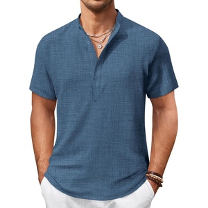 image:imageCOOFANDY Mens Casual Henley Shirt Short Sleeve Summer Shirts Linen Band Collar Summer Beach Hippie TShirtsDark Blue