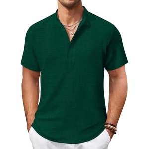 image:imageCOOFANDY Mens Casual Henley Shirt Short Sleeve Summer Shirts Linen Band Collar Summer Beach Hippie TShirtsDark Green