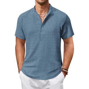 image:imageCOOFANDY Mens Casual Henley Shirt Short Sleeve Summer Shirts Linen Band Collar Summer Beach Hippie TShirtsDenim Blue