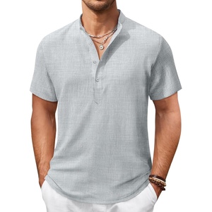 image:imageCOOFANDY Mens Casual Henley Shirt Short Sleeve Summer Shirts Linen Band Collar Summer Beach Hippie TShirtsGrey