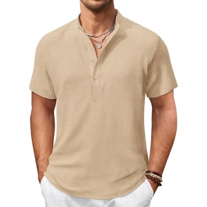 image:imageCOOFANDY Mens Casual Henley Shirt Short Sleeve Summer Shirts Linen Band Collar Summer Beach Hippie TShirtsKhaki