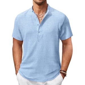 image:imageCOOFANDY Mens Casual Henley Shirt Short Sleeve Summer Shirts Linen Band Collar Summer Beach Hippie TShirtsLight Blue