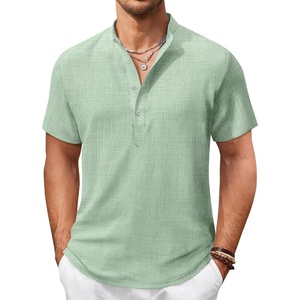 image:imageCOOFANDY Mens Casual Henley Shirt Short Sleeve Summer Shirts Linen Band Collar Summer Beach Hippie TShirtsLight Green