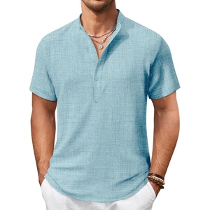 image:imageCOOFANDY Mens Casual Henley Shirt Short Sleeve Summer Shirts Linen Band Collar Summer Beach Hippie TShirtsLight Ice Blue