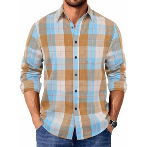 image:imageCOOFANDY Mens Casual Long Sleeve Button Up Plaid Flannel Shirt Jacket with PocketPlaid  Khaki Blue