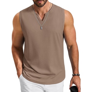 image:imageCOOFANDY Mens Casual Tank Top V Neck Knit Jacquard Sleeveless T Shirts Lightweight Summer Beach Textured TankKhaki