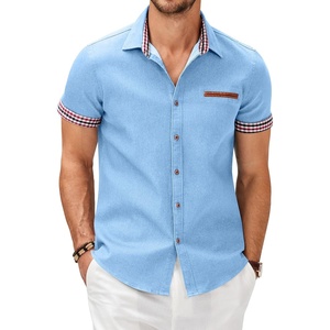 image:imageCOOFANDY Mens Cotton Casual Short Sleeve Button Down Shirt Plaid Collar Denim Work ShirtsA  Clear Blue  No Pocket