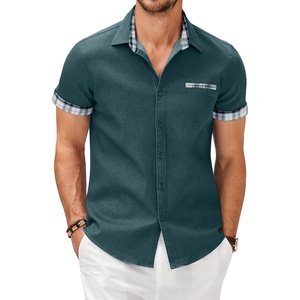 image:imageCOOFANDY Mens Cotton Casual Short Sleeve Button Down Shirt Plaid Collar Denim Work ShirtsA  Contrast Plaid Collar  Forest Green