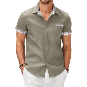 image:imageCOOFANDY Mens Cotton Casual Short Sleeve Button Down Shirt Plaid Collar Denim Work ShirtsA  Contrast Plaid Collar  Green