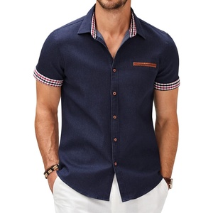 image:imageCOOFANDY Mens Cotton Casual Short Sleeve Button Down Shirt Plaid Collar Denim Work ShirtsA  Navy Blue  No Pocket