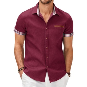image:imageCOOFANDY Mens Cotton Casual Short Sleeve Button Down Shirt Plaid Collar Denim Work ShirtsA  Wine Red  No Pocket