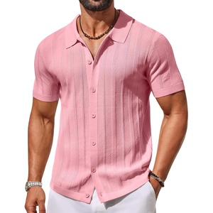 image:imageCOOFANDY Mens Knit Button Down Shirts Short Sleeve Polo Shirt Casual Vacation Summer Beach ShirtsPink