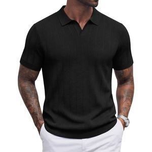 image:imageCOOFANDY Mens Knit Polo Shirts V Neck Short Sleeve Ribbed Textured Polo Shirt Stretch Casual Golf Shirts Collared T ShirtBlack