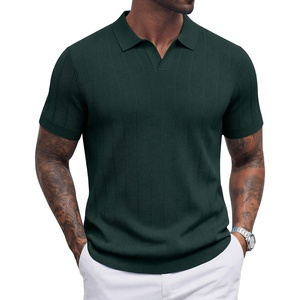 image:imageCOOFANDY Mens Knit Polo Shirts V Neck Short Sleeve Ribbed Textured Polo Shirt Stretch Casual Golf Shirts Collared T ShirtDark Green