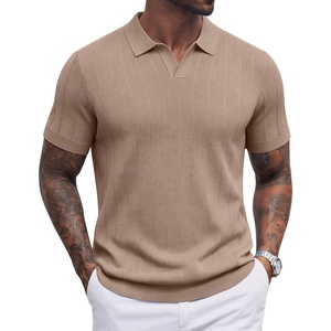 image:imageCOOFANDY Mens Knit Polo Shirts V Neck Short Sleeve Ribbed Textured Polo Shirt Stretch Casual Golf Shirts Collared T ShirtKhaki