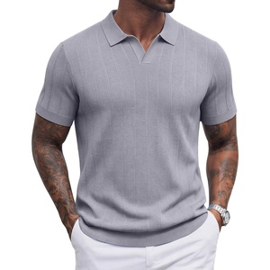 image:imageCOOFANDY Mens Knit Polo Shirts V Neck Short Sleeve Ribbed Textured Polo Shirt Stretch Casual Golf Shirts Collared T ShirtLight Gray