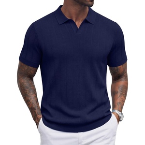 image:imageCOOFANDY Mens Knit Polo Shirts V Neck Short Sleeve Ribbed Textured Polo Shirt Stretch Casual Golf Shirts Collared T ShirtNavy Blue