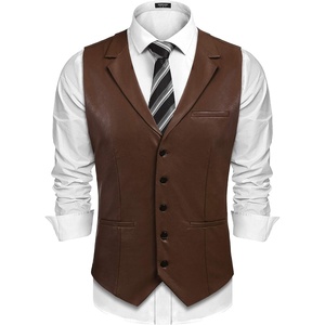 image:imageCOOFANDY Mens Leather Suit Vest Slim Fit Casual Western Vest Jacket Lightweight VNeck Dress WaistcoatsDark Brown
