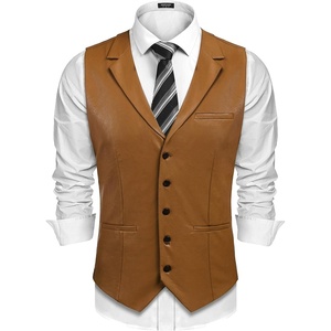 image:imageCOOFANDY Mens Leather Suit Vest Slim Fit Casual Western Vest Jacket Lightweight VNeck Dress WaistcoatsLight Brown
