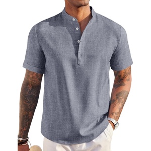 image:imageCOOFANDY Mens Linen Henley Shirt Short Sleeve Casual Summer Beach Hippie T ShirtsBlue