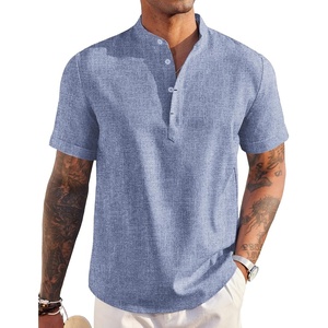 image:imageCOOFANDY Mens Linen Henley Shirt Short Sleeve Casual Summer Beach Hippie T ShirtsGrey Blue