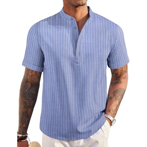 image:imageCOOFANDY Mens Linen Henley Shirt Short Sleeve Casual Summer Beach Hippie T ShirtsStriped Blue