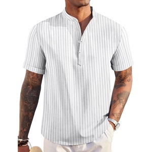 image:imageCOOFANDY Mens Linen Henley Shirt Short Sleeve Casual Summer Beach Hippie T ShirtsStriped White