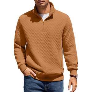 image:imageCOOFANDY Mens Quarter Zip Pullover Quilted Sweatshirt Knit Long Sleeve Mock Neck Sweater Polo with PocketLight Brown