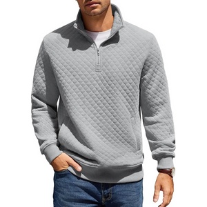 image:imageCOOFANDY Mens Quarter Zip Pullover Quilted Sweatshirt Knit Long Sleeve Mock Neck Sweater Polo with PocketLight Grey