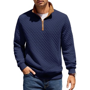image:imageCOOFANDY Mens Quarter Zip Pullover Quilted Sweatshirt Knit Long Sleeve Mock Neck Sweater Polo with PocketZcontrast NavyBrown