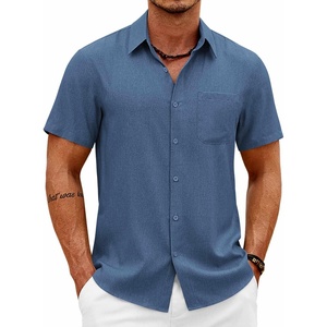 image:imageCOOFANDY Mens Short Sleeve Button Down Shirts Casual Summer Shirts Linen Beach Shirt with PocketDark Blue