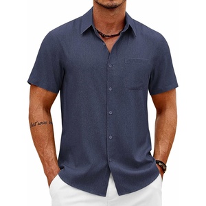 image:imageCOOFANDY Mens Short Sleeve Button Down Shirts Casual Summer Shirts Linen Beach Shirt with PocketNavy Blue