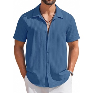 image:imageCOOFANDY Mens Short Sleeve Casual Button Down Shirts Textured Summer Beach ShirtDark Blue