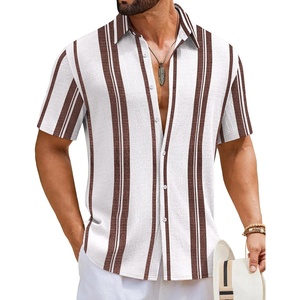 image:imageCOOFANDY Mens Short Sleeve Casual Shirts Button Down Striped Summer Shirts Textured Vacation Beach ShirtB WhiteBrown