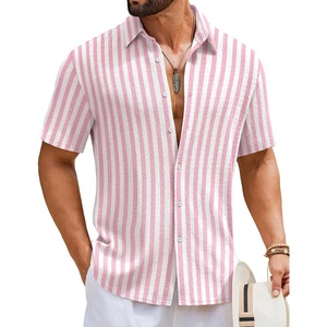 image:imageCOOFANDY Mens Short Sleeve Casual Shirts Button Down Striped Summer Shirts Textured Vacation Beach ShirtWhitePink