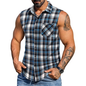 image:imageCOOFANDY Mens Sleeveless Flannel Shirt Casual Summer Tank Top Button Up Sleeveless Beach Shirts with Chest PocketBlue