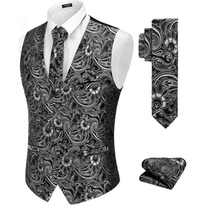 image:imageCOOFANDY Mens Suit Vest Tie Set 3PC Paisley Jacquard Waistcoat and Necktie Pocket Square for Holiday Party WeddingLight Silver