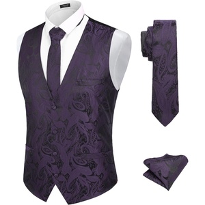 image:imageCOOFANDY Mens Suit Vest Tie Set 3PC Paisley Jacquard Waistcoat and Necktie Pocket Square for Holiday Party WeddingPurple