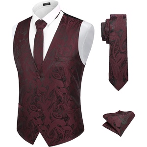 image:imageCOOFANDY Mens Suit Vest Tie Set 3PC Paisley Jacquard Waistcoat and Necktie Pocket Square for Holiday Party WeddingWine Red
