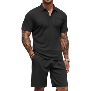 image:imageCOOFANDY Mens Waffle Knit Polo Shirt and Shorts Set 2 Pieces Outfits Summer Suit Casual Tracksuit with PocketsBlack