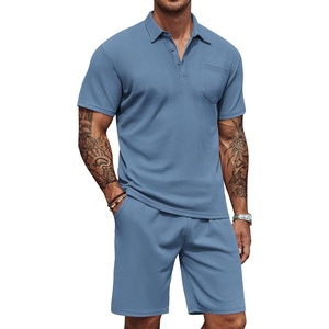 image:imageCOOFANDY Mens Waffle Knit Polo Shirt and Shorts Set 2 Pieces Outfits Summer Suit Casual Tracksuit with PocketsBlue